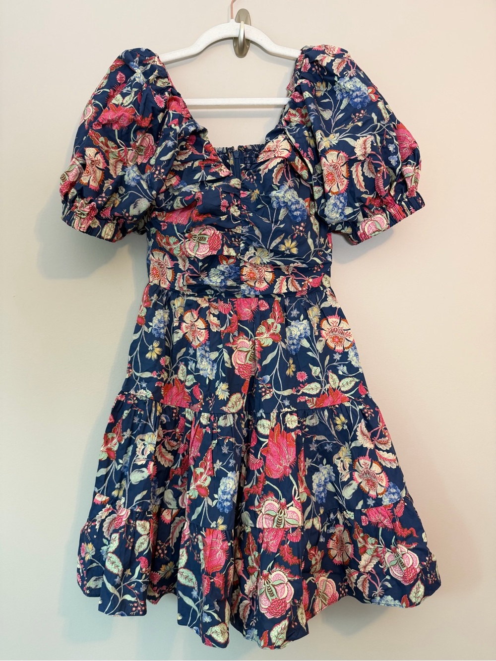 Gilner Farrar Navy Floral Puff Sleeve Tiered Mini Dress Sz XS NWOT